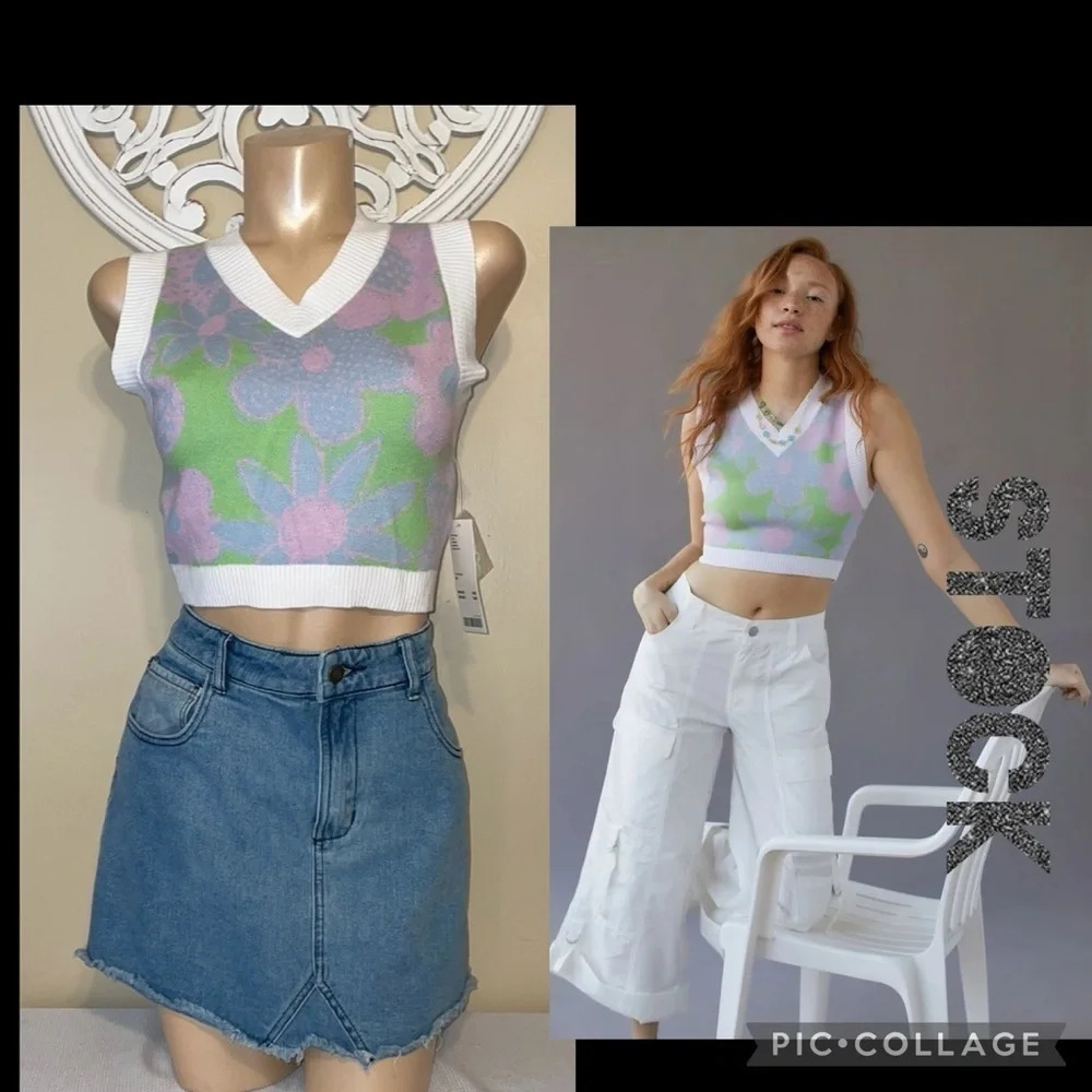 Urban outfitters women Medium vest top sweater knit purple green blue floral nwt